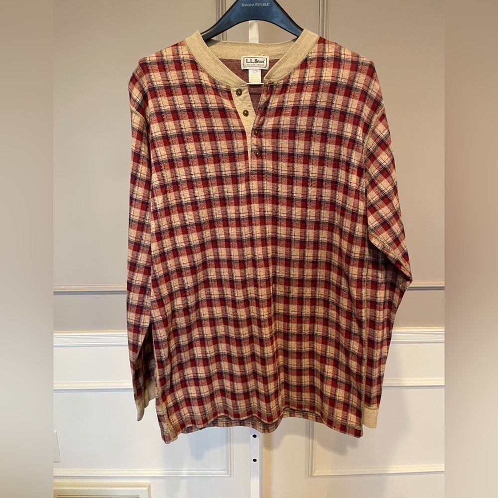 LL Bean Shirt Henley Plaid Pullover Long Sleeve USA Made Gorp Core Vintage LT
